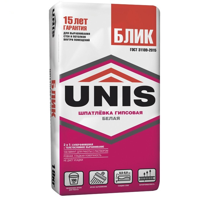 Шпатлевка гипсовая Unis Блик 18 кг фото в интернет-магазине Мегастроймаркет