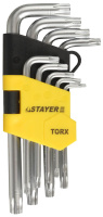 Набор STAYER MASTER: Ключи имбусовые короткие, Cr-V сатинированное покрытие пластиковый держатель, Т10-Т50мм, 9 предметов (2743-H9)